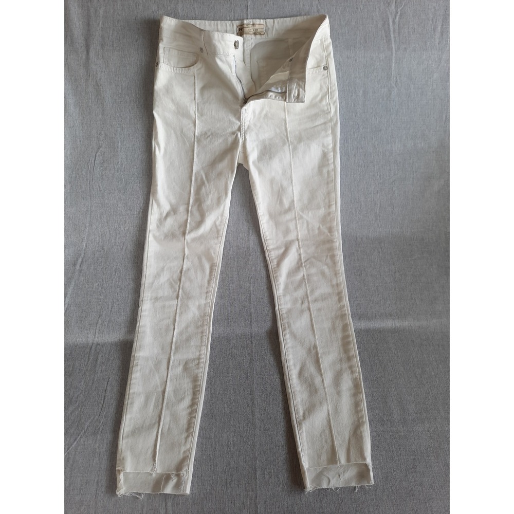 Free People Women 28 Pintuck Jeans Ripped Step Hem Cream‎ Button Belt Loop Pants